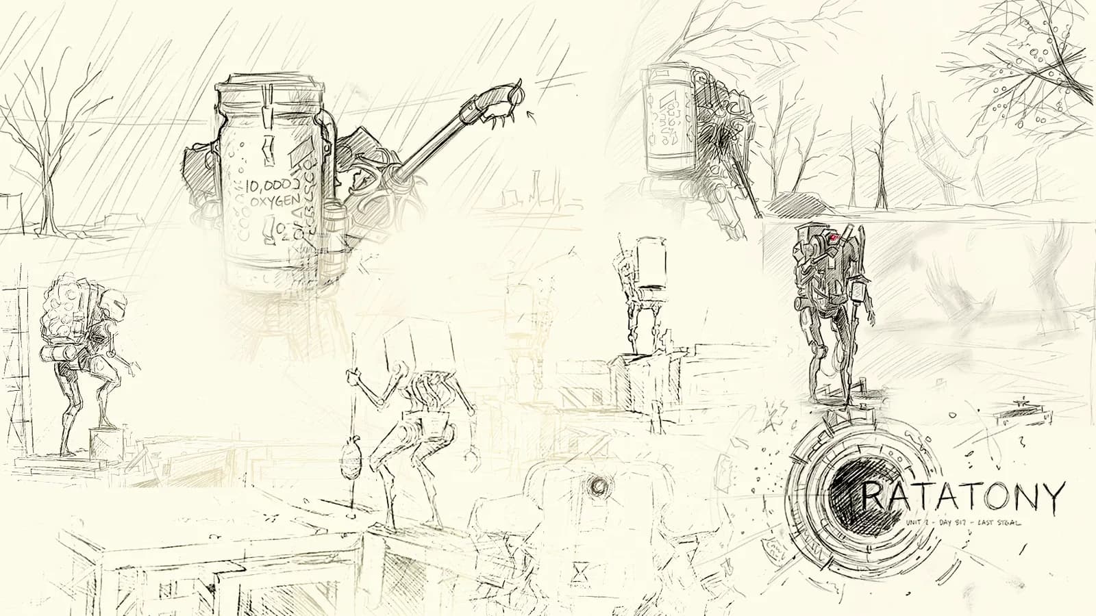 La planche de croquis complète : mecha, postures, plans et logo RATATONY