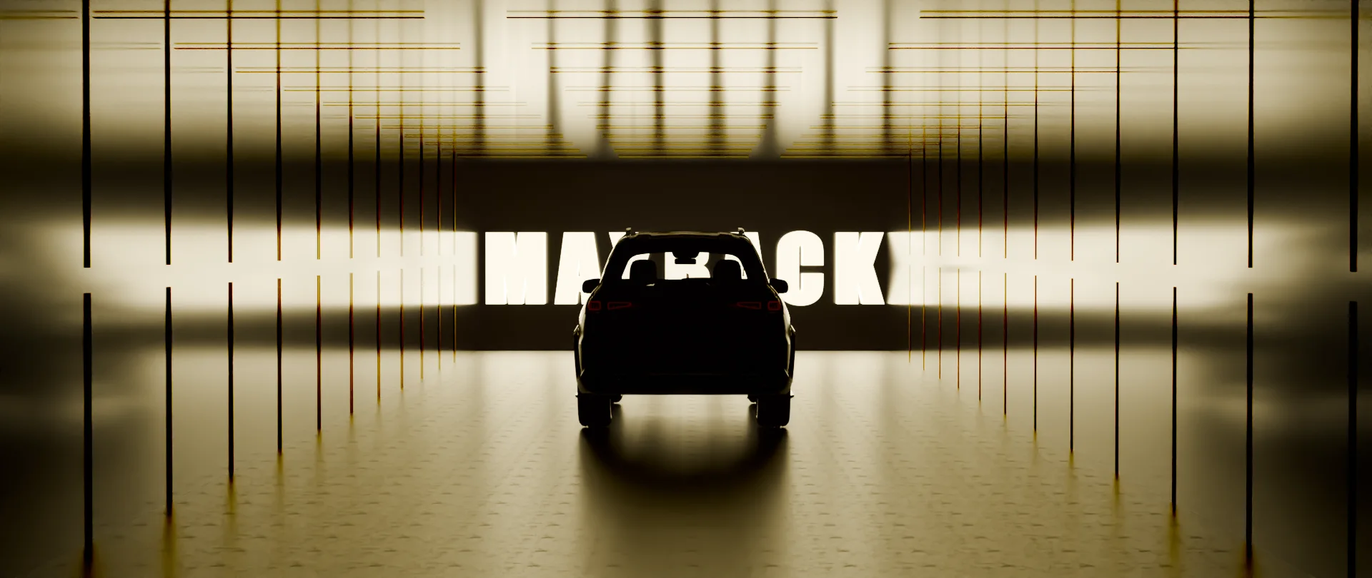 Silhouette d'une voiture à contre-jour dans un studio aux néons dorés