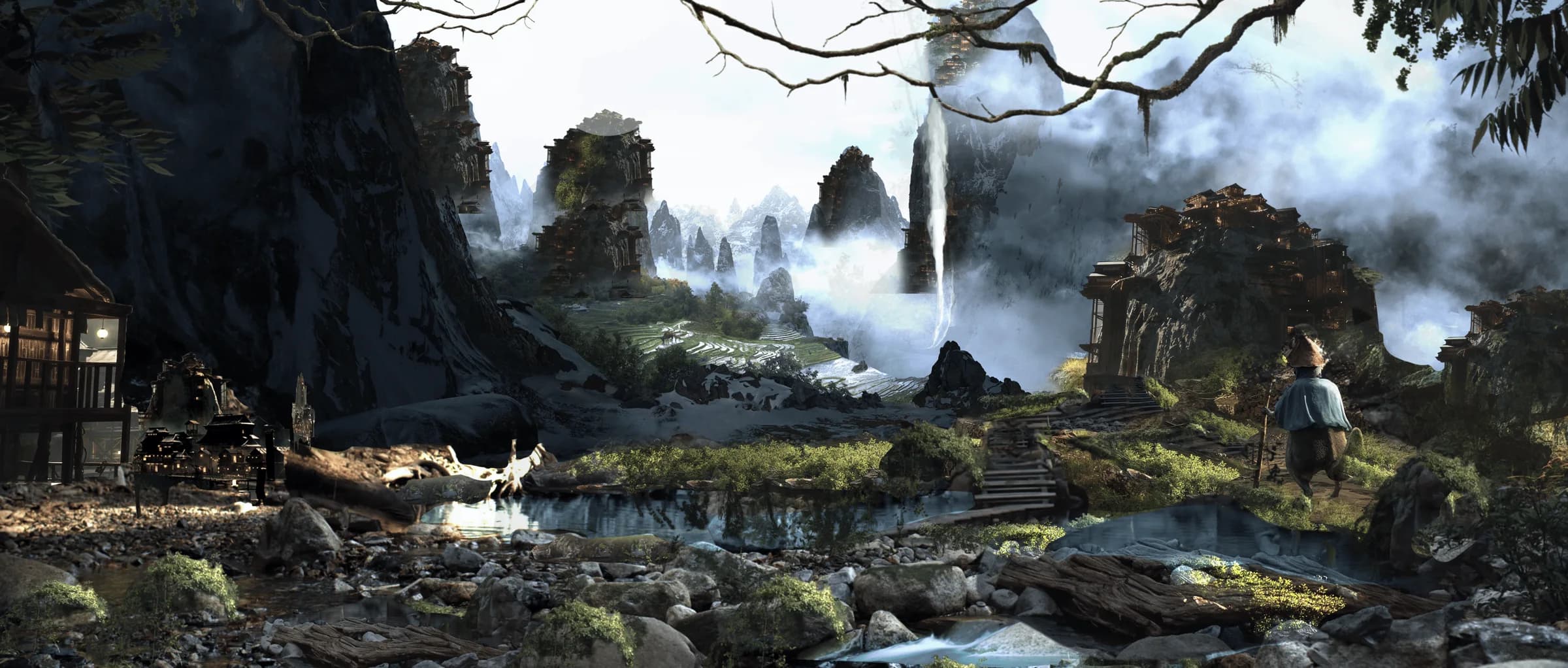 Matte painting : vallée brumeuse, cascade, village accroché aux falaises, voyageur au premier plan