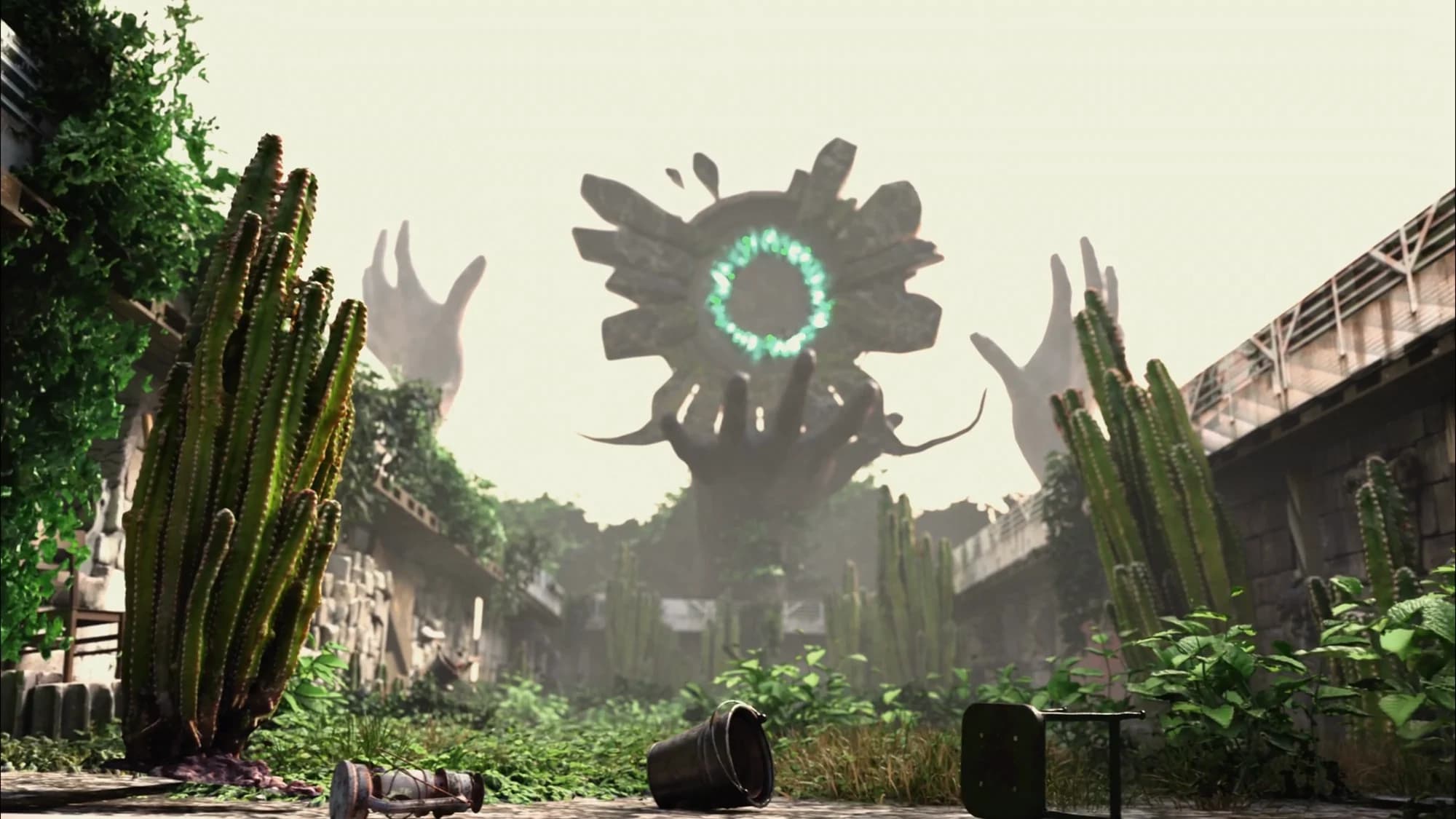 Le monde botanique : deux mains de pierre portant un portail d'énergie, au milieu des cactus